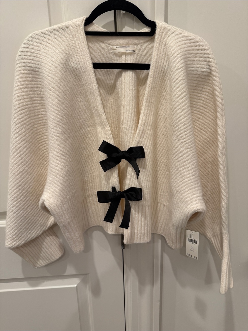 Anthropologie Ivory Rhea Crop Cardigan w/ Black Ribbon Bows Size 1X NWT